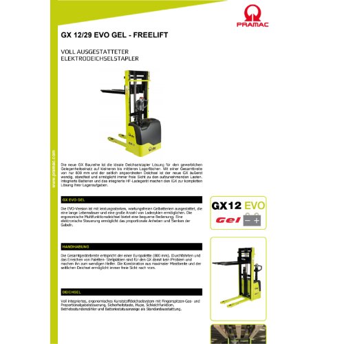 Elektrischer Deichselstapler GX12/29 - EVO GEL FREIHUB - 1150x560