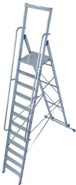 Stufen-Stehleiter aus Aluminium, fahrbar, mit großer Plattform und Sicherheitsbügel, 12 Stufen