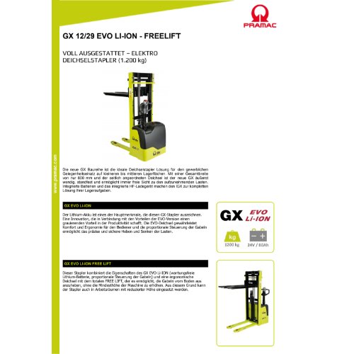 Elektrischer Deichselstapler GX12/29 - EVO Li-Ion FREIHUB - 1150x560