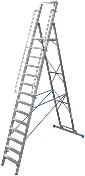Stufen-Stehleiter aus Aluminium, fahrbar, mit großer Plattform und Sicherheitsbügel, 14 Stufen